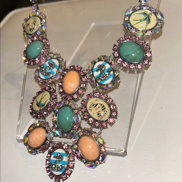 Betsey Johnson SET Nautical Anchor Sailor Pinup Statement Necklace Earrings EUC - Picture 3 of 11